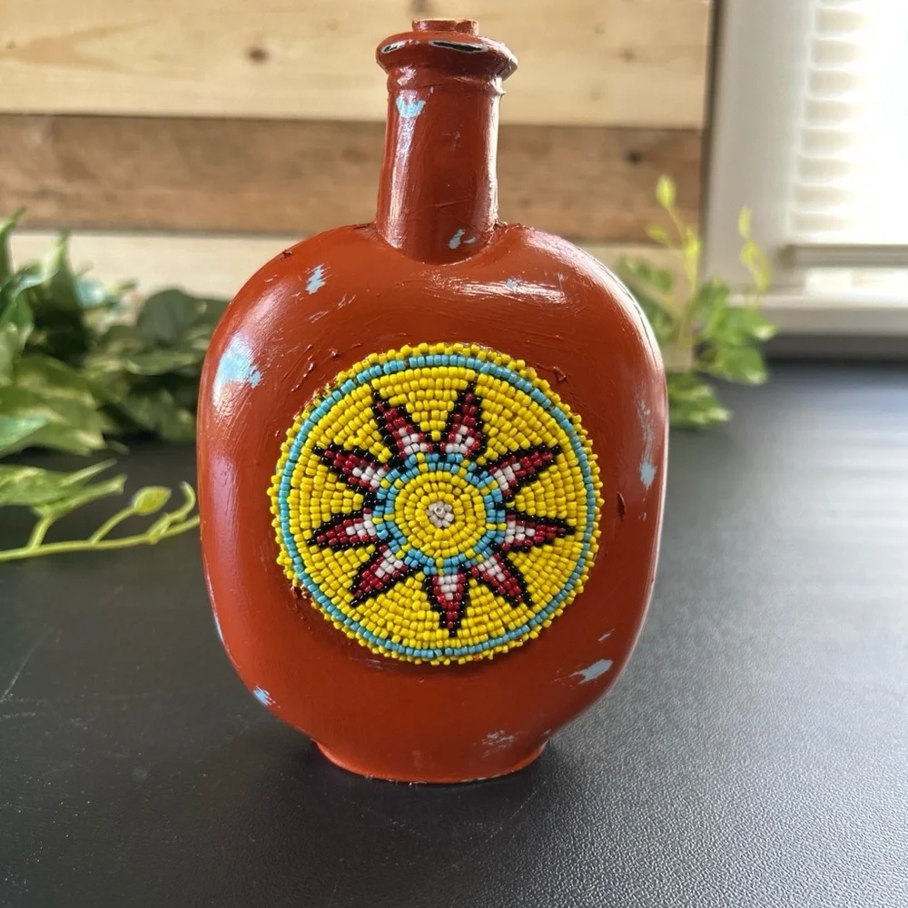 Upcycled‎ Native American Glass Beaded Jar Corked Distressed Shelf Sitter Decor